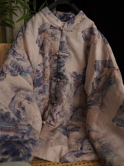 Autumn Print Button Stand Collar Ramie Coat At1053