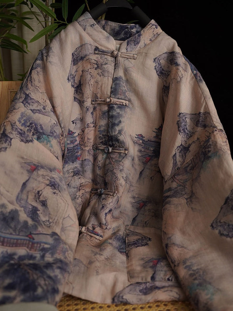 Autumn Print Button Stand Collar Ramie Coat At1053