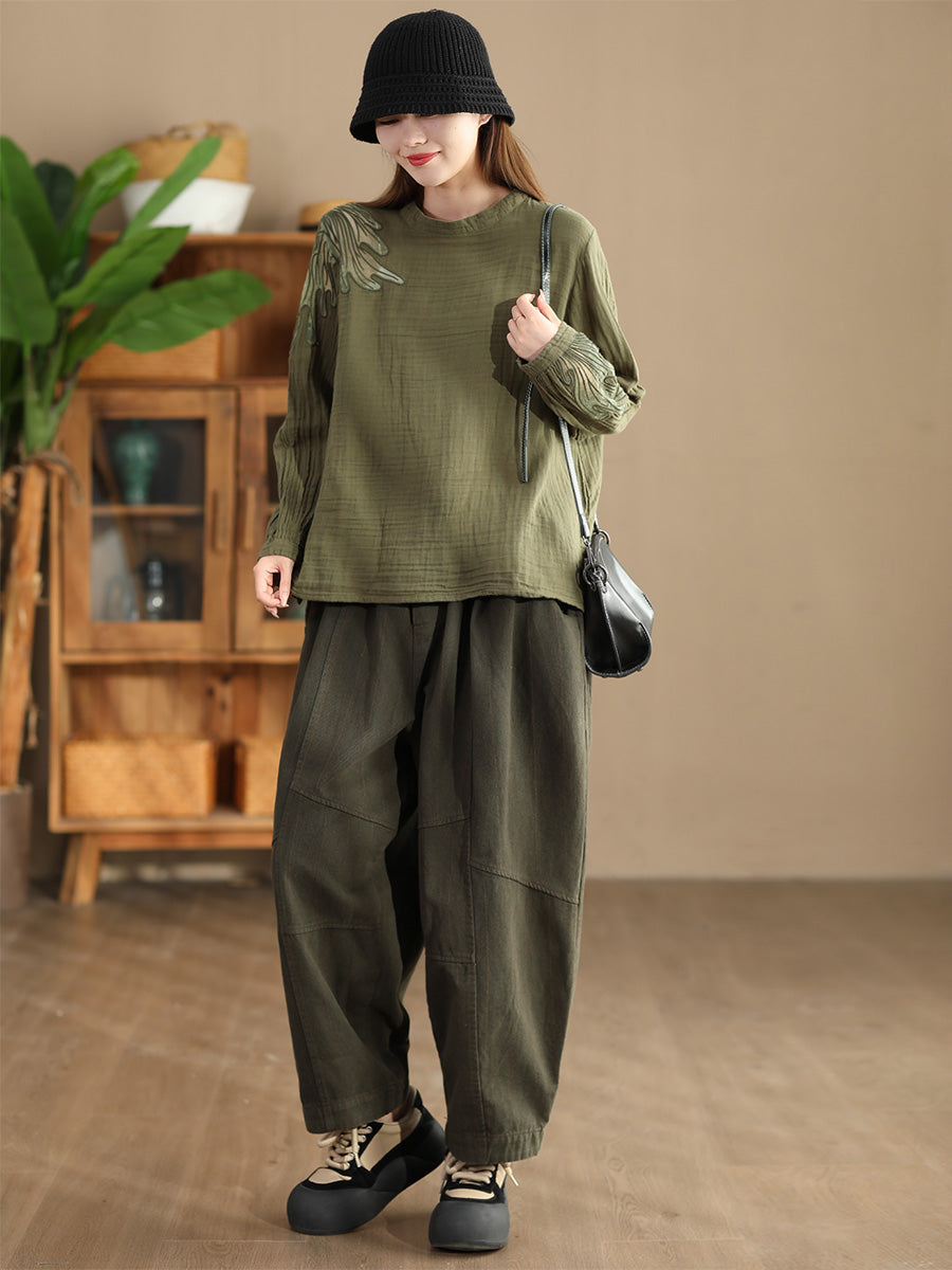 Autumn Artsy Embroidery Stand Collar Cotton Blouse Ai1076