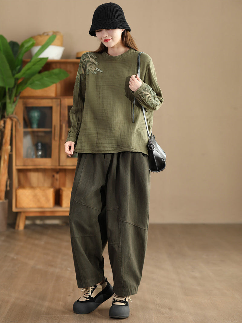 Autumn Artsy Embroidery Stand Collar Cotton Blouse Ai1076