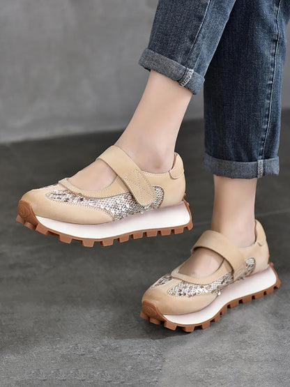 Summer Leather Spliced Mesh Sequin Platform Shoes Xx1022
