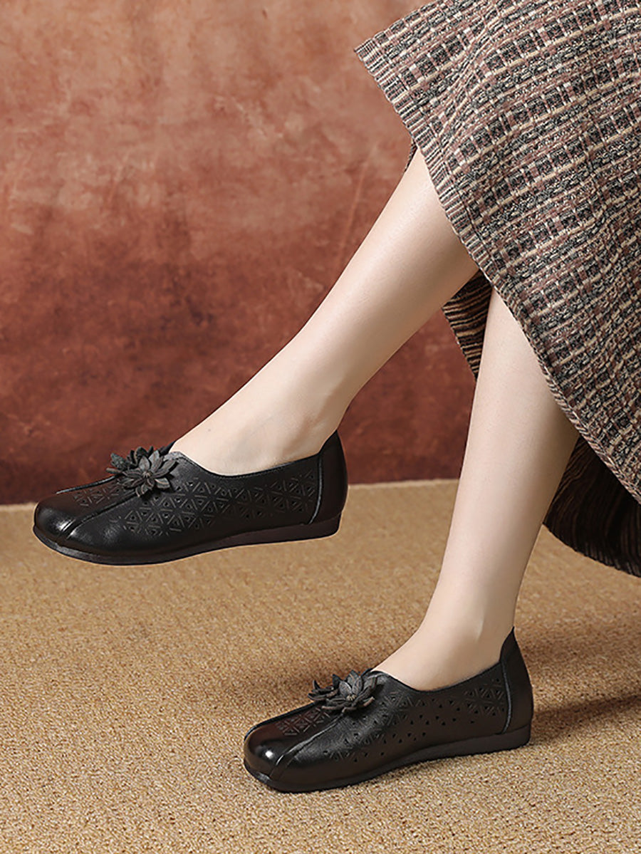 Leather Flower Cutout Flat Shoes Kl1034