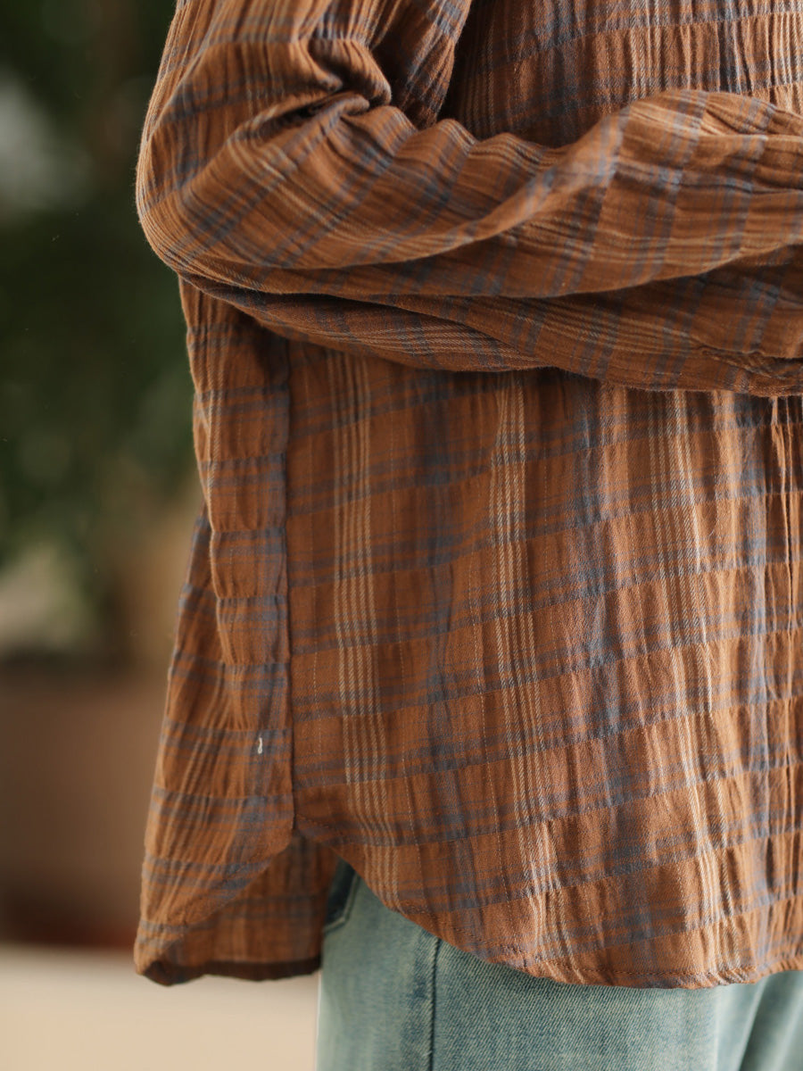 Spring Plaid Ramie Button Up Blouse Co1044