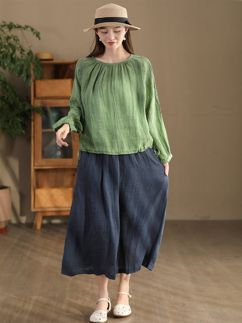 Summer Artsy Strap Hem O-neck Ramie Blouse As1026