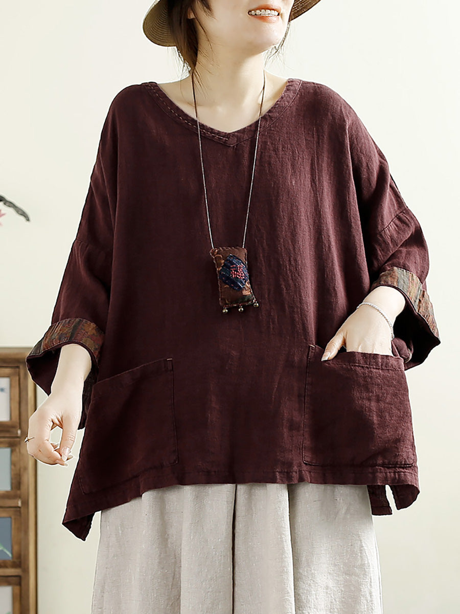 V-neck 100%linen Blouse Ak1006