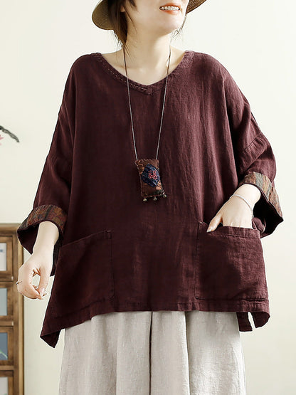 V-neck 100%linen Blouse Ak1006