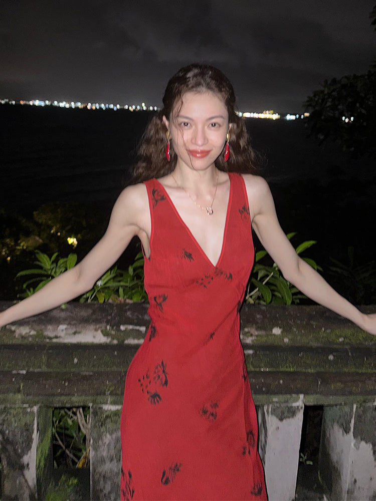 Red V-neck Maxi Dress
