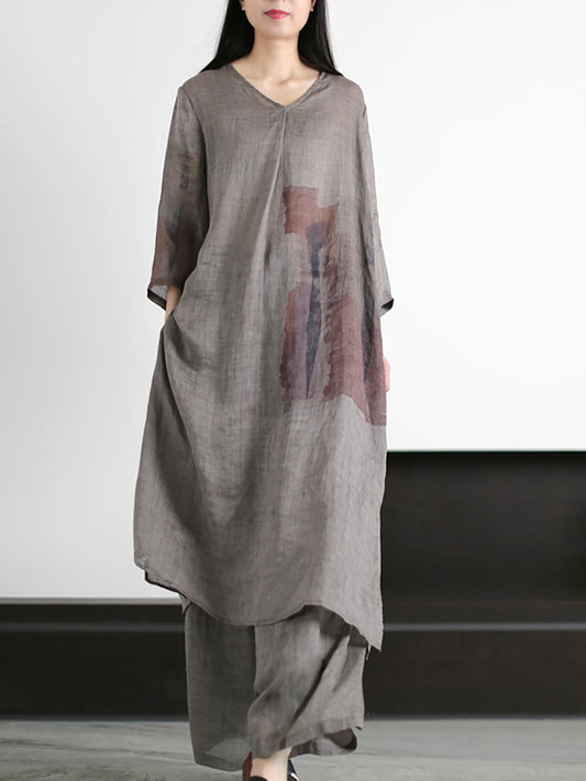 Print 100%ramie Long Shirt+pants Zz1056