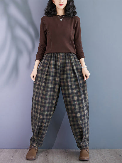 Autumn Retro Plaid Thick Cotton Harem Pants Ba1036