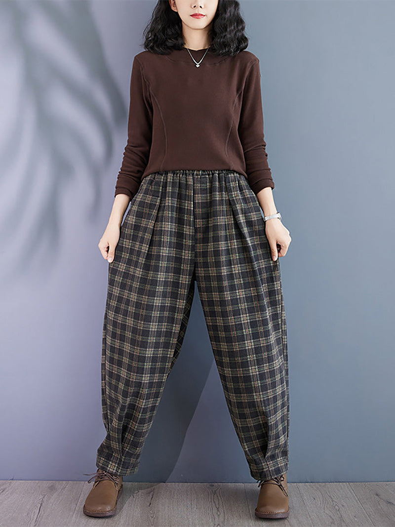 Autumn Retro Plaid Thick Cotton Harem Pants Ba1036