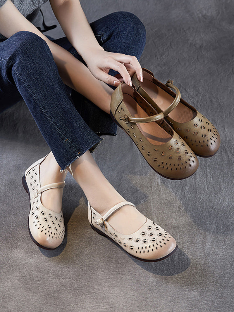 Genuine Shoes Summer Hollow Out Heel Low Leather