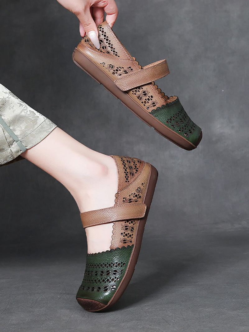Leather Colorblock Cutout Flat Shoes Ty1028
