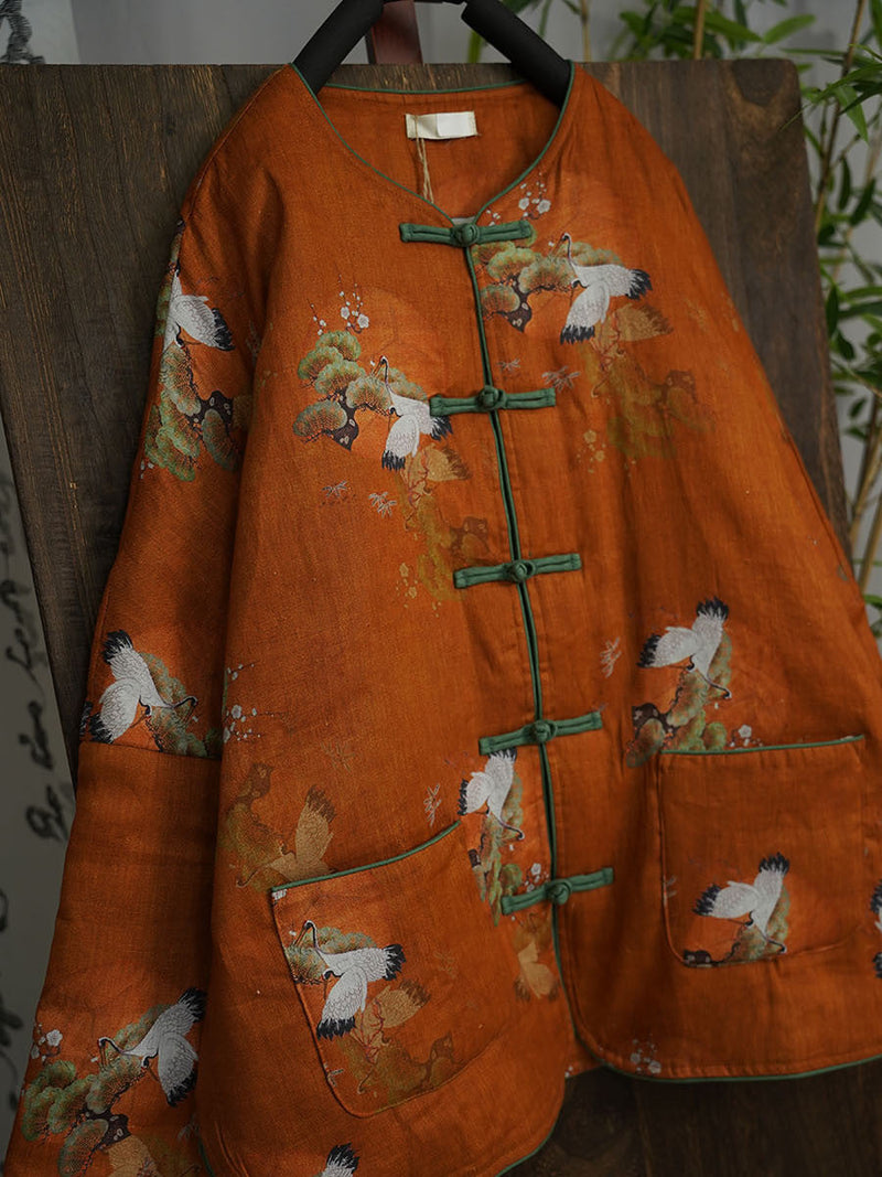 Crane O-neck Print Linen Padded Coat Qu005