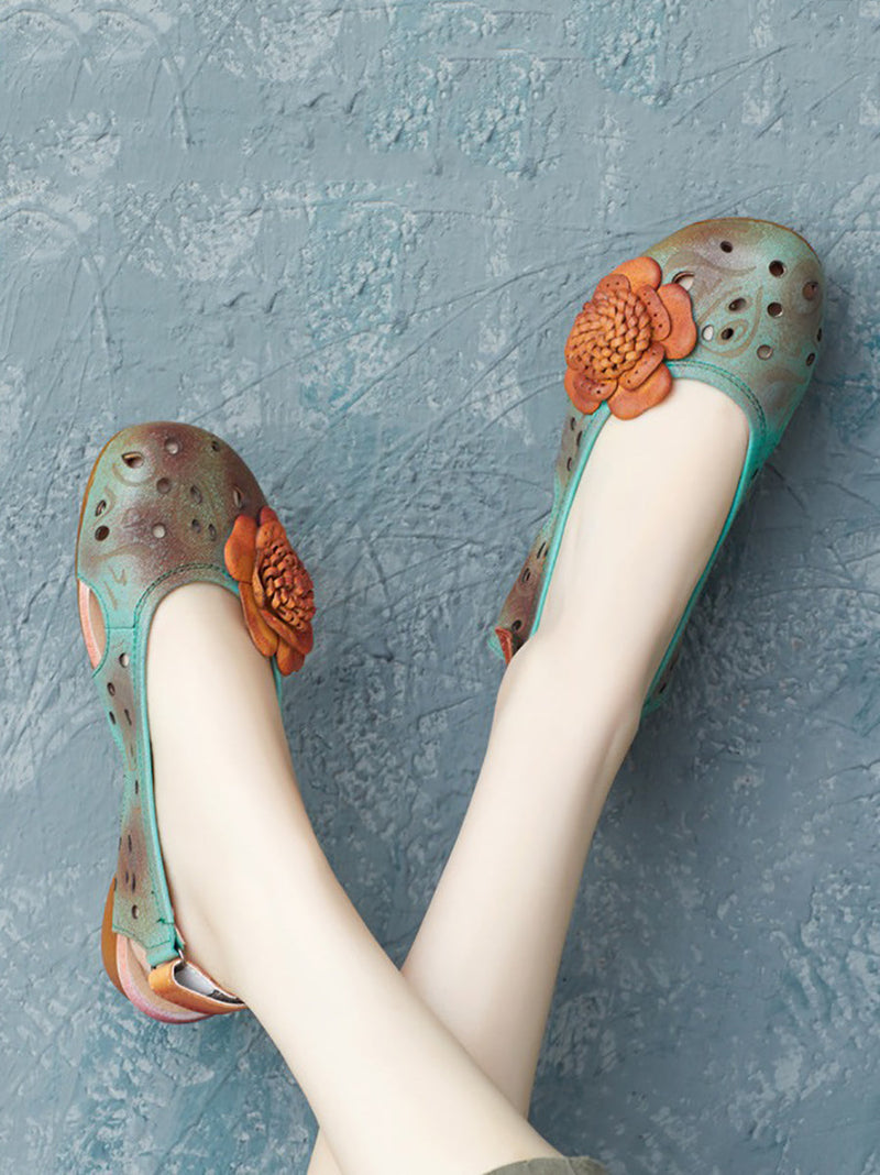 Summer Artsy Leather Flower Spliced Sandals Ui1014