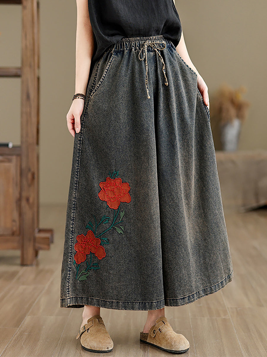 Summer Flower Denim Wide-leg Pants Op1010