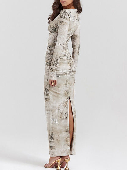 Long Sleeves Skinny Printed Split-back Split-joint Round-neck Evening Dresses Maxi Dresses