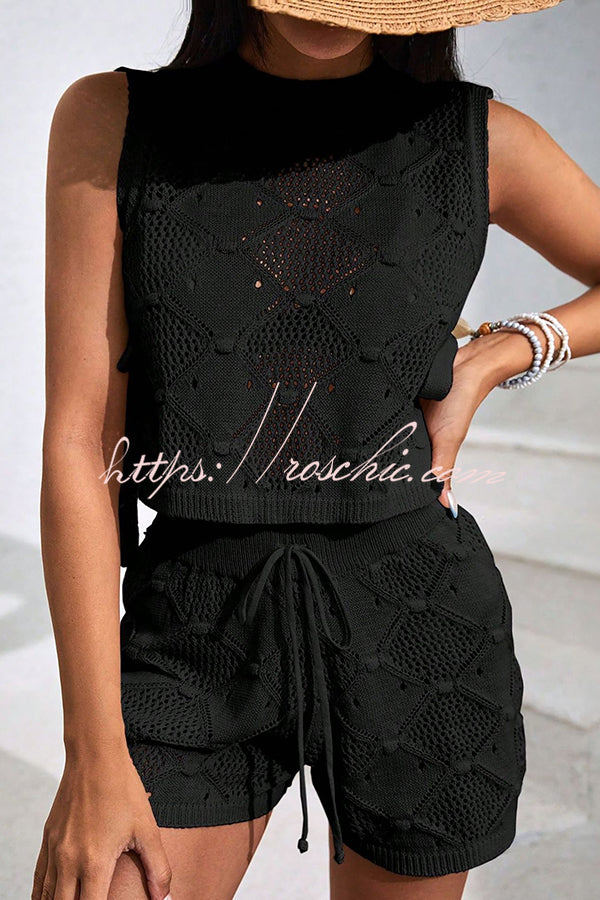 Color Sleeveless Tie Knitted Vest and Loose Elastic Waist Drawstring Shorts Set