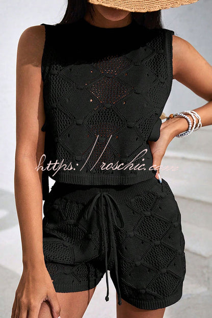 Color Sleeveless Tie Knitted Vest and Loose Elastic Waist Drawstring Shorts Set