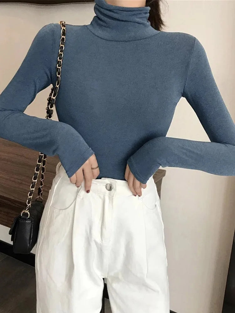 Harajuku Black White Turtleneck Female T-shirts Autumn Long Sleeve T Shirt Slim Basic Tee Top