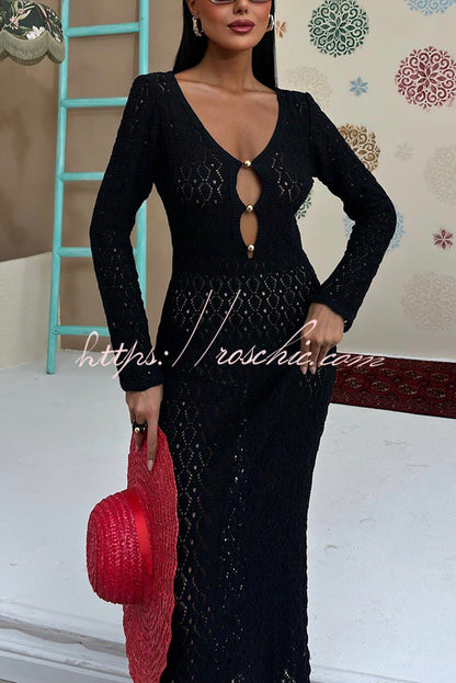 V-neck Long-sleeved Hollow Slim Maxi Dress