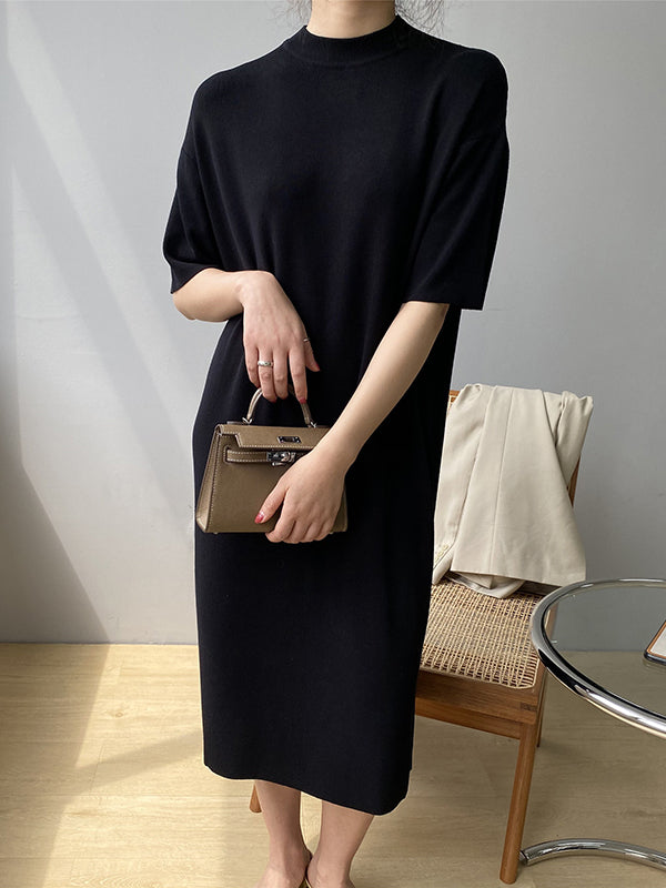 Temperament Round-neck Mauve Split-joint Short Sleeve Sweater Dress An1057