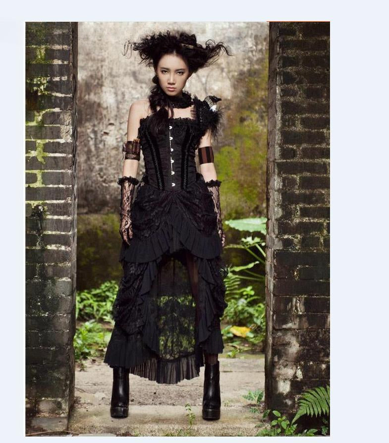 New Retro Victorian Lace Up Steamgothic Goth Long Ruffle Dress Skirt