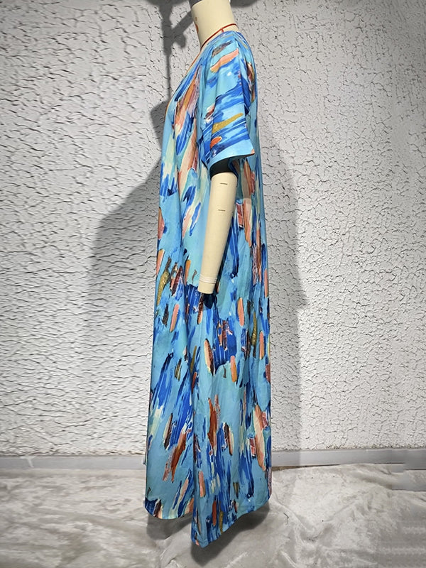Loose Short Sleeves Multi-colored Printed V-neck Maxi Dresses