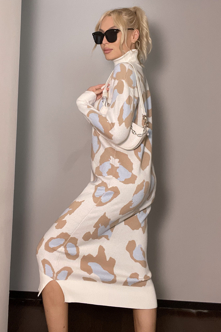 Leopard Turtleneck Sweater Maxi Dress