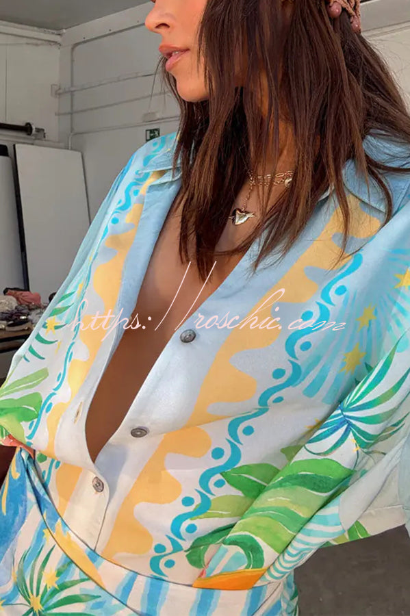 See You in Rio Tropical Fruits Print Button Long Sleeve Loose Blouse