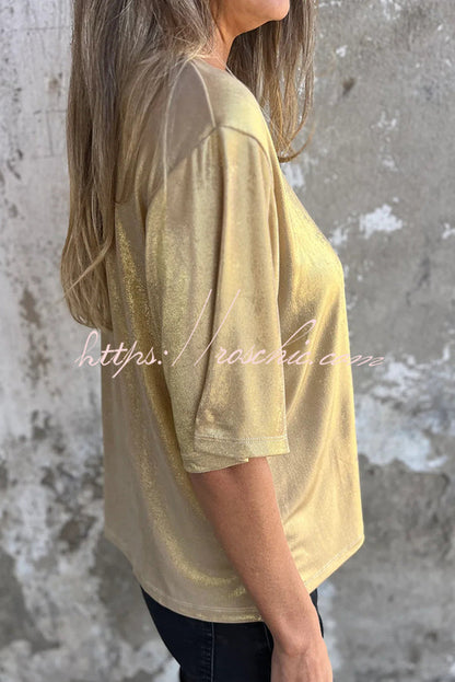 Metallic Color Round Neck Short-sleeved Loose T-shirt