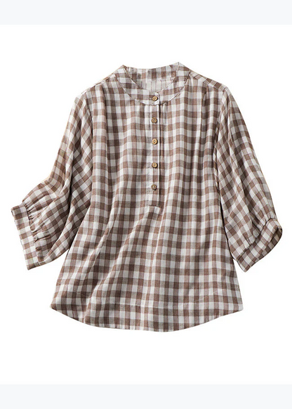 Grace Blue Plaid Stand Collar Cotton Blouses Bracelet Sleeve Qr023