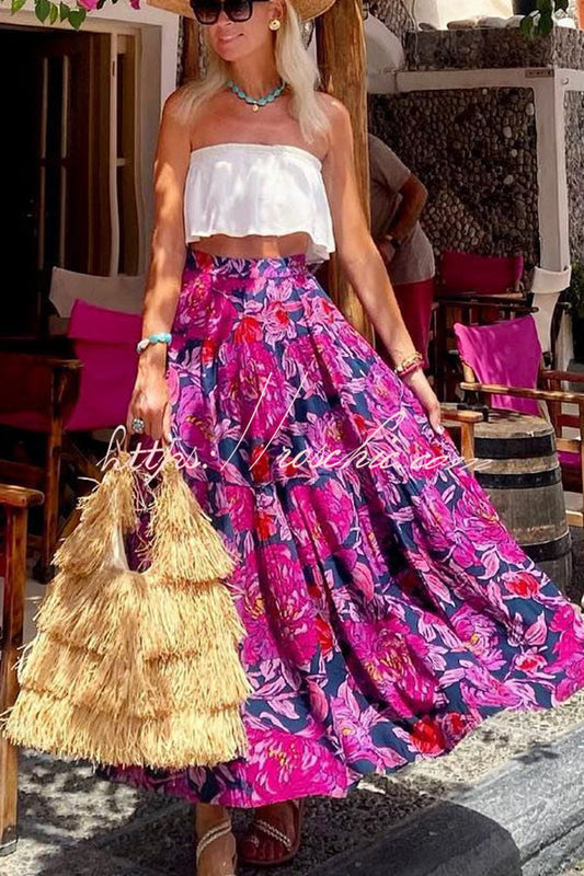 Fantasy Printed High Rise Back Elastic Waist Maxi Skirt