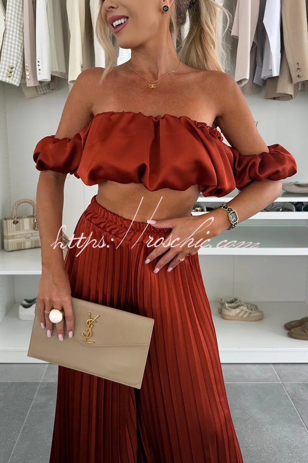 Jorie Satin Off Shoulder Puff Sleeve Crop Top and Elastic Waist Pleated Wide Leg Pants Set