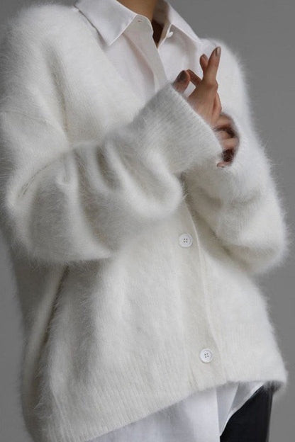 V Neck Soft Mink Fleece Loose Knit Cardigan