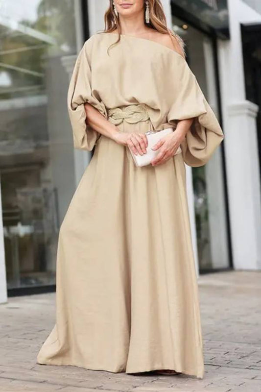 Skew Neck Lantern Sleeve Top \u0026 Wide Leg Pants Set