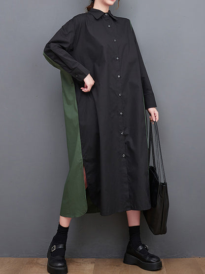 Long Sleeves Loose Asymmetric Buttoned Split-joint Split-side Lapel Midi Dresses Shirt Dress