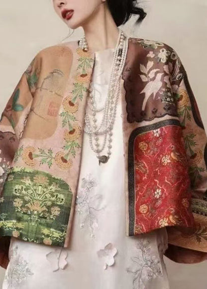 Chinese Style Yellow O-neck Print Silk Coats Spring Tw026
