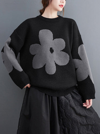 Loose Black Round-neck Contrast Color Flower Long Sleeve Sweater An1070