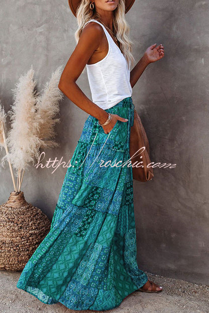 Print Stretch Elastic Waist Pocket High Waist Skirt