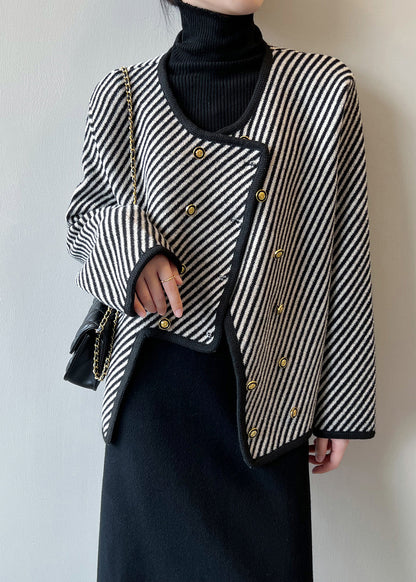 Italian Asymmetrical Striped Double Breast Cotton Coats Fall Af1054