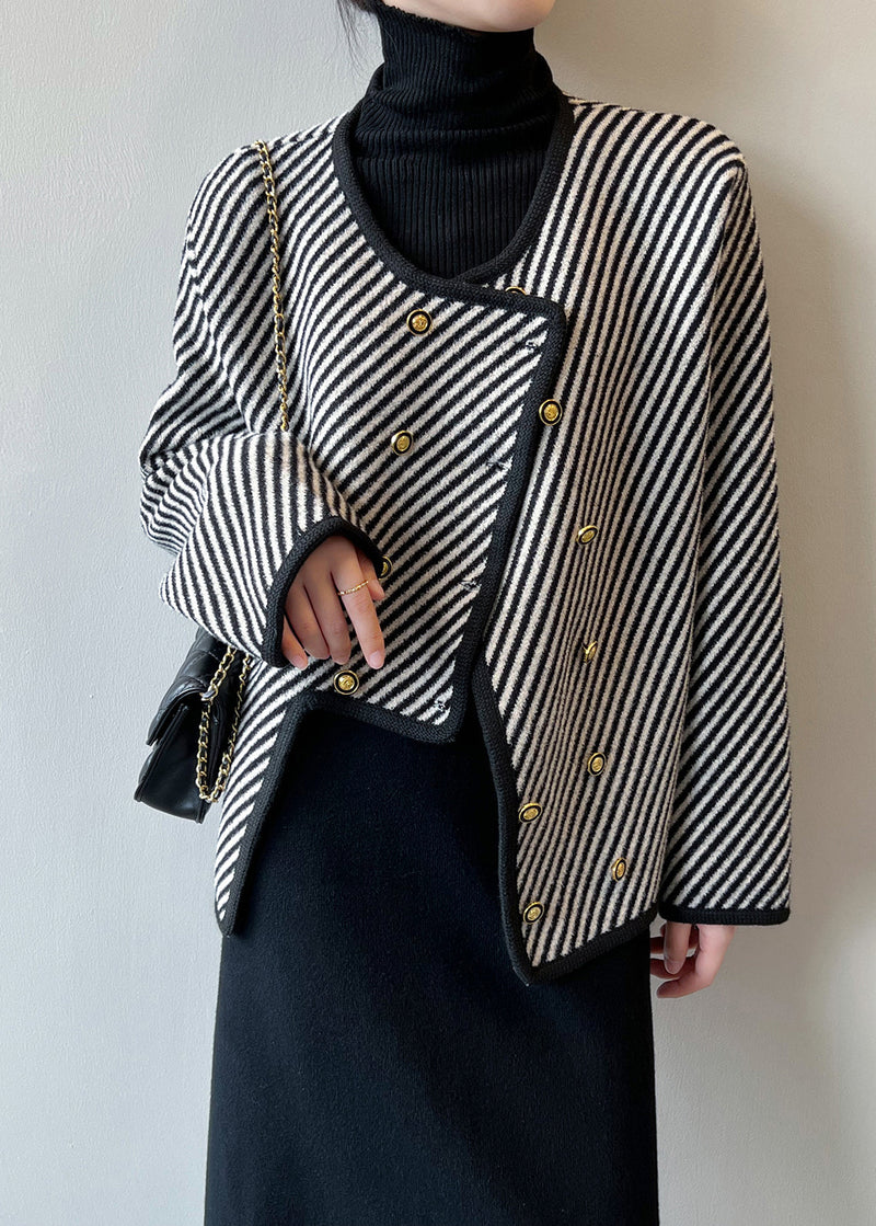 Italian Asymmetrical Striped Double Breast Cotton Coats Fall Af1054