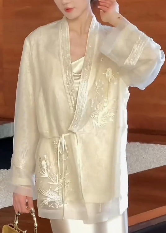 Cardigan Neck V Embroidered Up Lace Silk Beige Spring