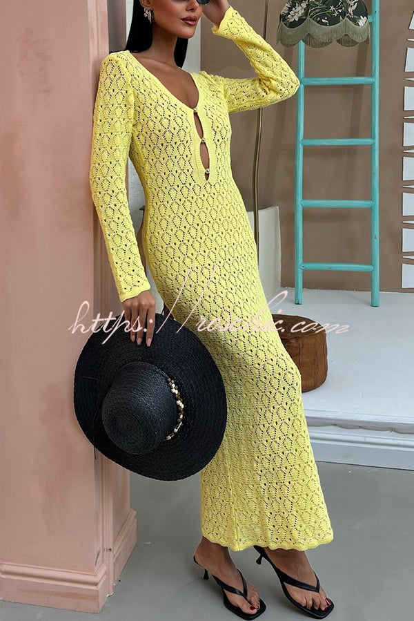 V-neck Long-sleeved Hollow Slim Maxi Dress