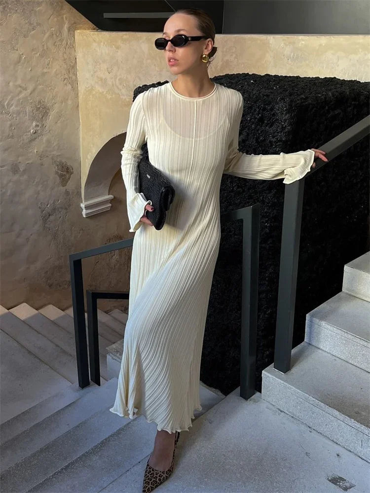 Knitwear Loose Maxi Dress Lace-up High Waist Ribbed Long Sleeve Party Dress Female Knit Bandage Long Dress