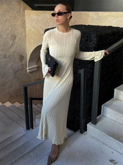 Knitwear Loose Maxi Dress Lace-up High Waist Ribbed Long Sleeve Party Dress Female Knit Bandage Long Dress