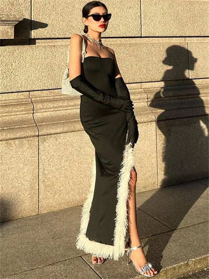 Black Patchwork With Gloves Maxi Dress Female Fur Feather Slim Off-shoulder Side Split Dress Bandeau Long Dress