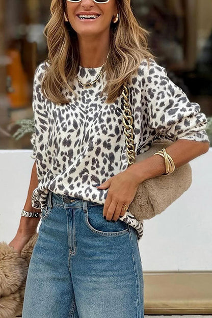 Leopard Print Crew Neck Long Sleeve Sweater