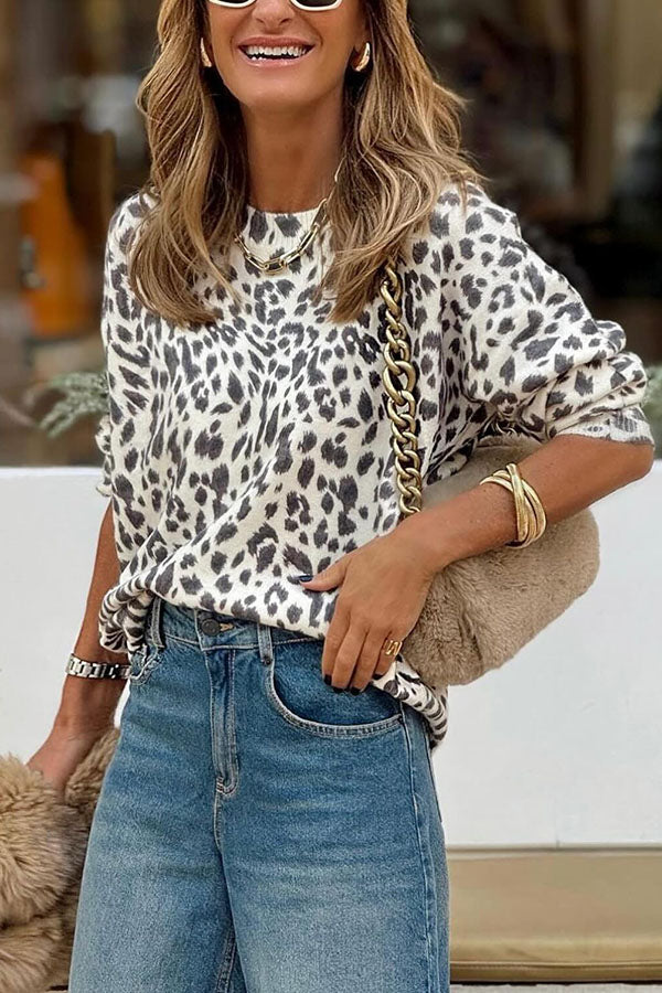 Leopard Print Crew Neck Long Sleeve Sweater