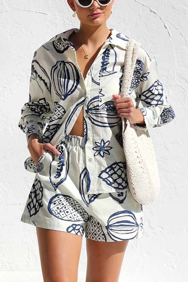 Parkside Tropical Fruit Print Loose Shirt and Elastic Waist Pocketed Shorts Set