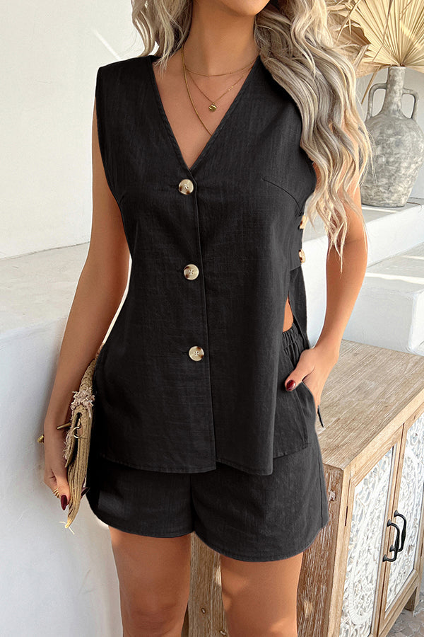 Color Holiday Style V-neck Button Vest and Elastic Waist Pocket Shorts Set